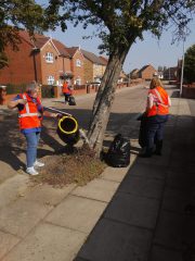A photograph of some of the group members litter picking.