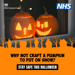 A photo of pumpkins. The image suggests carving a pumpkin this Halloween instead of trick or treating.