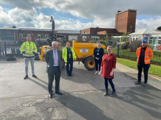 A photo of representatives from PBS Consturction and ENGIE joined by Cllr Stewart Swinburn, PfH for Environment and Transport and Jennifer Jermaine, nursery manager at Broadway Day Care