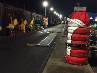 A Santa character made from old tyres standing at the entrance to Grimsby tip.