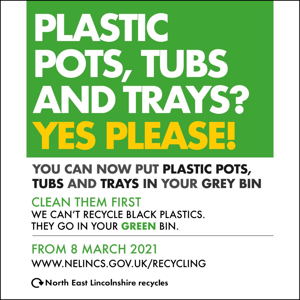 A graphic that says people can recycle plastic pots, tubs and trays in the grey bin from 8 March 2021.