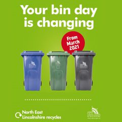 Three wheelie bins in a row with the words Your bin day is changing written above