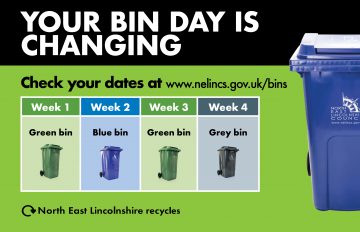 A line up of wheelie bins with text reminding people that dates are changing.