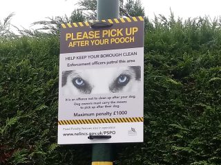 New dog fouling warning sign attached to a lamp post in Scartho, Grimsby