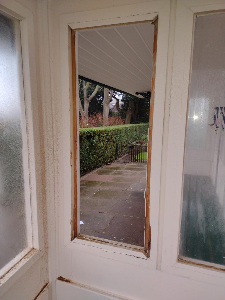 Smashed window at Kingsway shelter in Cleethorpes.