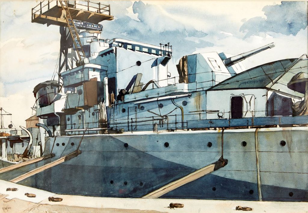 Artwork of Ernest Worrall. Destroyer in Dry Dock..