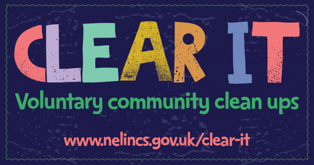 A graphic with the words: Clear It! Voluntary community clean ups
