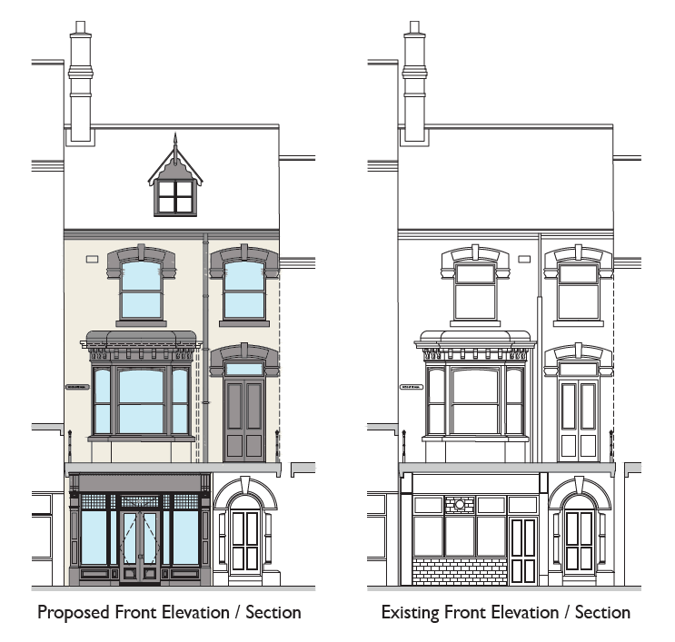 Elevations, before and after, of 41 Alexandra Road