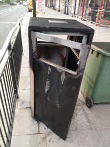 Burnt out bin in Cleethorpes High Street