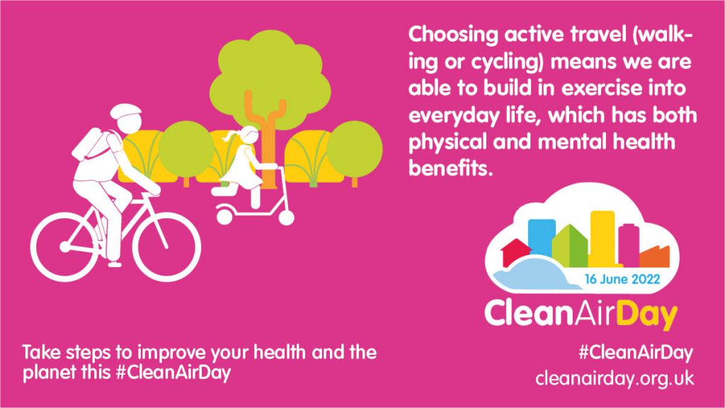 A drawing of an adult on a bike and a child on a scooter promoting clean air day.