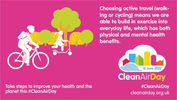 A drawing of an adult on a bike and a child on a scooter promoting clean air day.