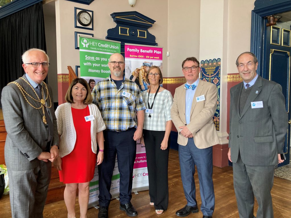 The Mayor of North East Lincolnshire, Cllr Steve Beasant, Sue Nicholson a director of the Credit Union, Quinn Needham and Sally Johnston from Credit Union branch development, Alan Hignett, joint vice president of the Credit Union and John Smith, chief executive of Credit Union.