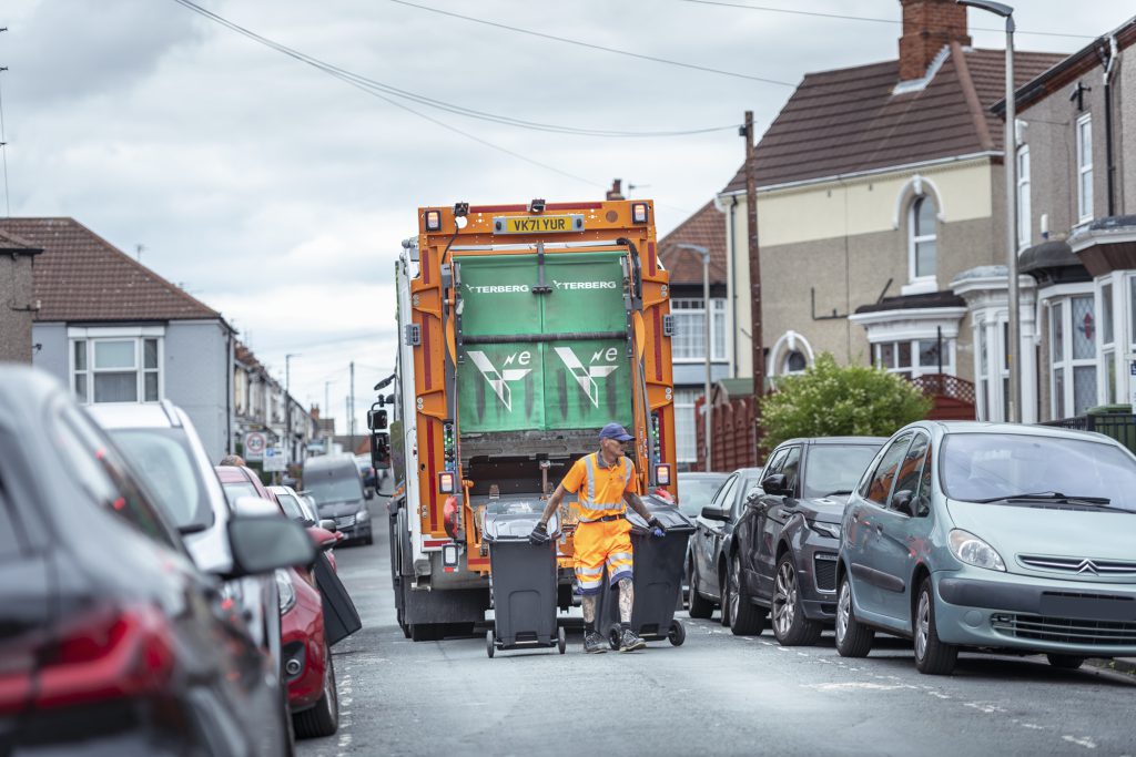 Recycling crew emptying bins in Cleethorpes