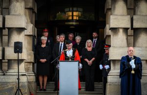 Mayor of North East Lincolnshire, Councillor Steve Beasant, reads the Accession Proclamation announcing the new King, His Majesty King Charles III, at Grimsby Town Hall alongside dignitaries. 11th September 2022 Photo by Jon Corken