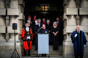 Deputy Lieutenant Alex Baxter leads three cheers for the new King. Mayor of North East Lincolnshire, Councillor Steve Beasant, reads the Accession Proclamation announcing the new King, His Majesty King Charles III, at Grimsby Town Hall alongside dignitaries. 11th September 2022 Photo by Jon Corken