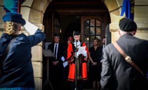 Mayor of North East Lincolnshire, Councillor Steve Beasant, reads the Accession Proclamation announcing the new King, His Majesty King Charles III, at Cleethorpes Town Hall alongside dignitaries. 11th September 2022 Photo by Jon Corken