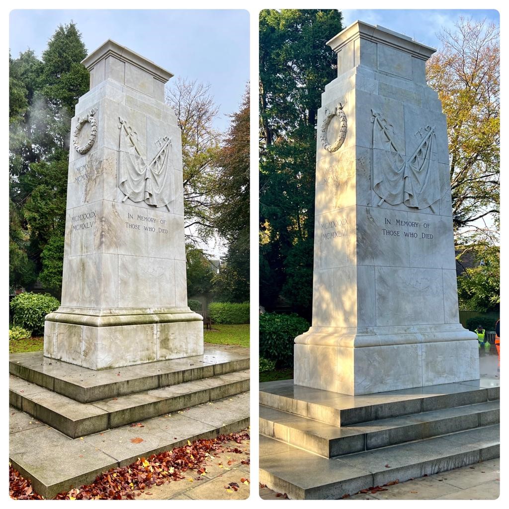 Before and after cleaning images of Grimsby Cenotaph