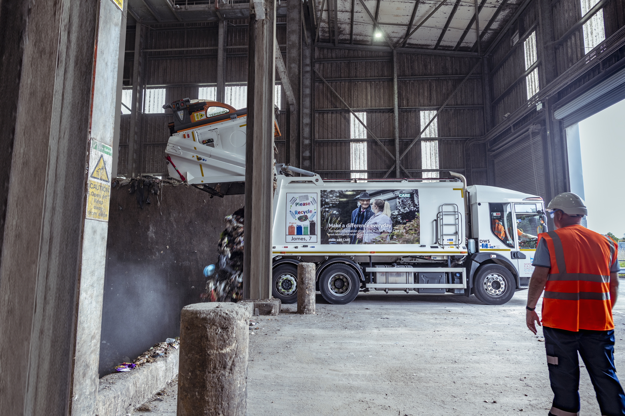 Bin lorry tips load at Energy from Waste Plant