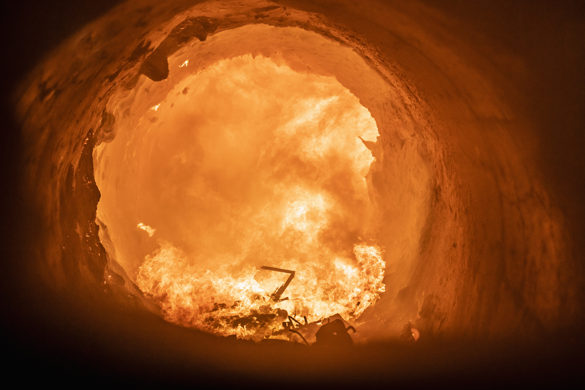 Burning rubbish inside the furnace at the Energy from Waste Plant