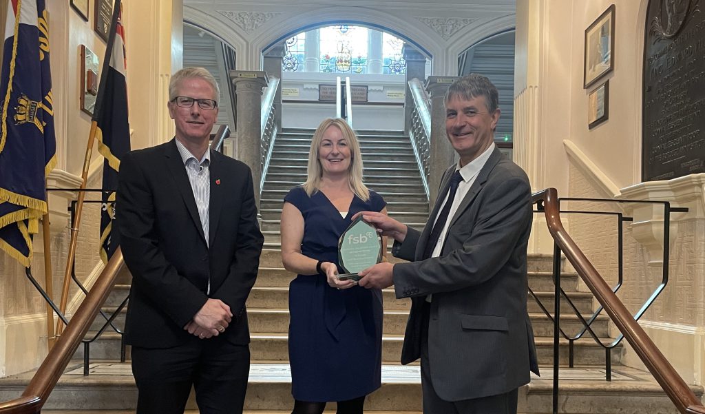 FSB award being received from Paula Gouldthorpe by Cllr Jackson and Rob Walsh