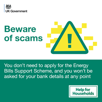 A social media graphic for energy bill discount scam warning of scams