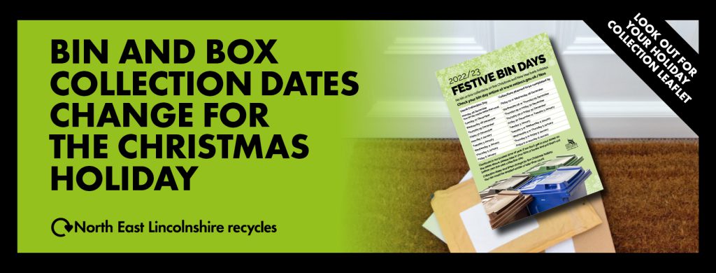 Letters piled on a doormat with a recycling leaflet on top and text reminding people that bins days change during the Christmas holiday.