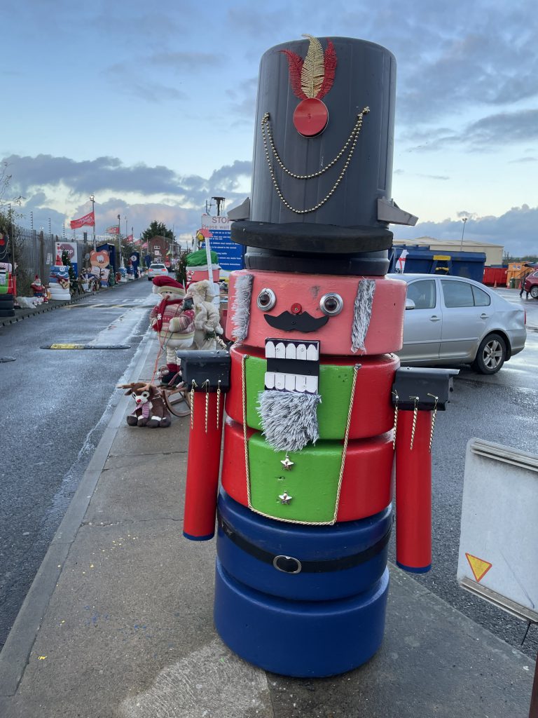 Nutcracker character made of fork lift tyres