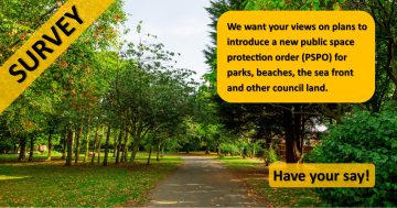 An image of a park with text across it encouraging people to complete a survey.