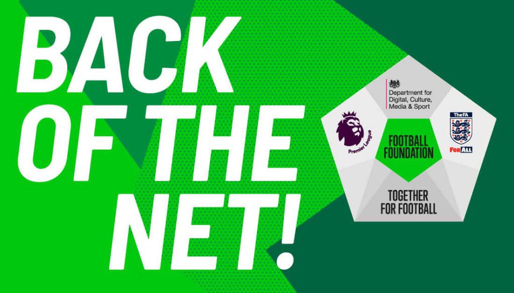 Back of the Net - Football Foundation, DCMS logo, supporting grassroots football