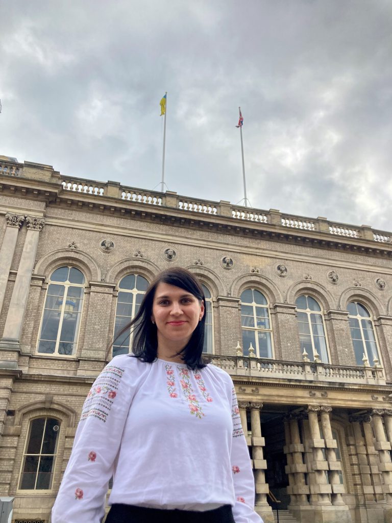 Inna outside Grimsby Town Hall where the Ukrainian flag flies