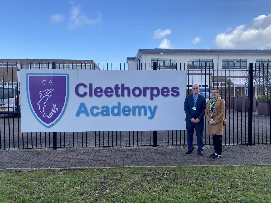 Vice principal Paul and Alison the road safety officer standing outside Cleethorpes Academy.