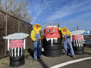 Troy and Harry at Grimsby Tip with their Grimsby Town characters.