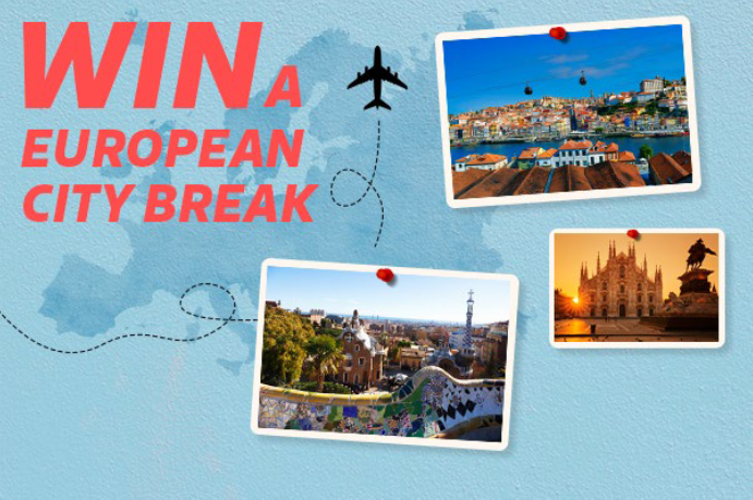 Image of three postcards with "Win a European City Break" in writing