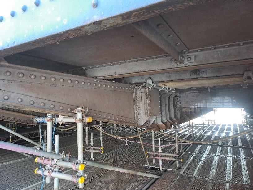 Recently grit blasted area of the underside of the deck prior to detailed inspections