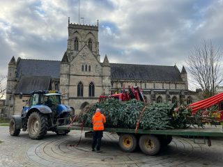 Christmas tree on the back of a low loader in front of St James Church in Grimsby
