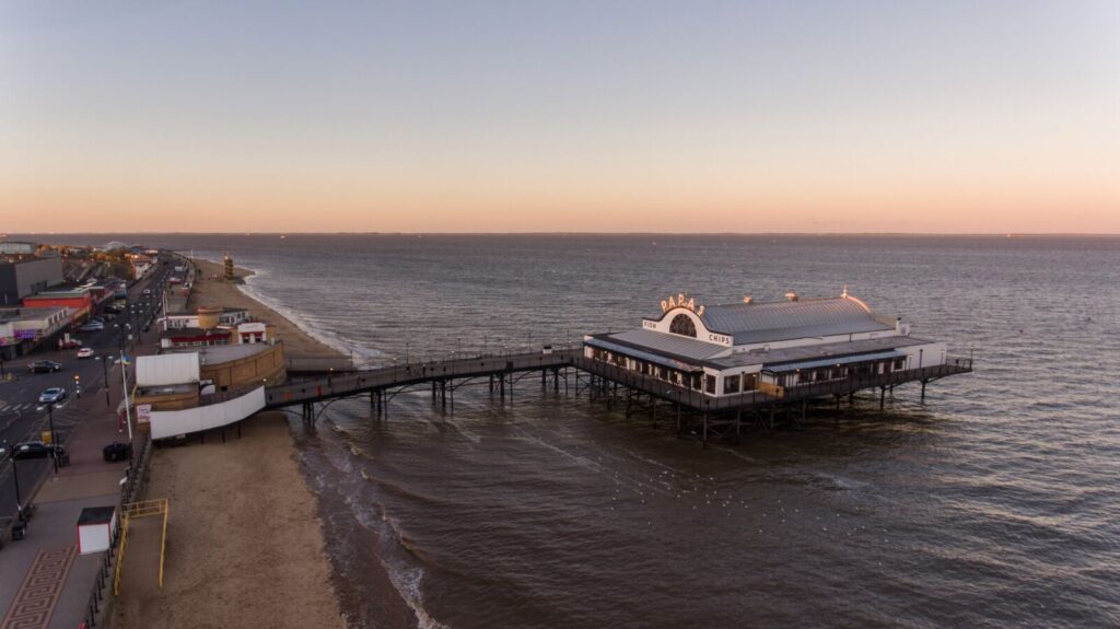 Cleethorpes Pier with the sun setting