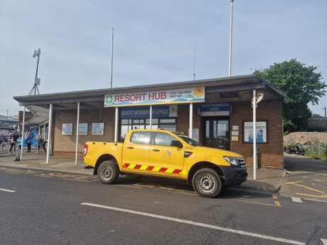 Beach safety vehicle outside the Resort Hub