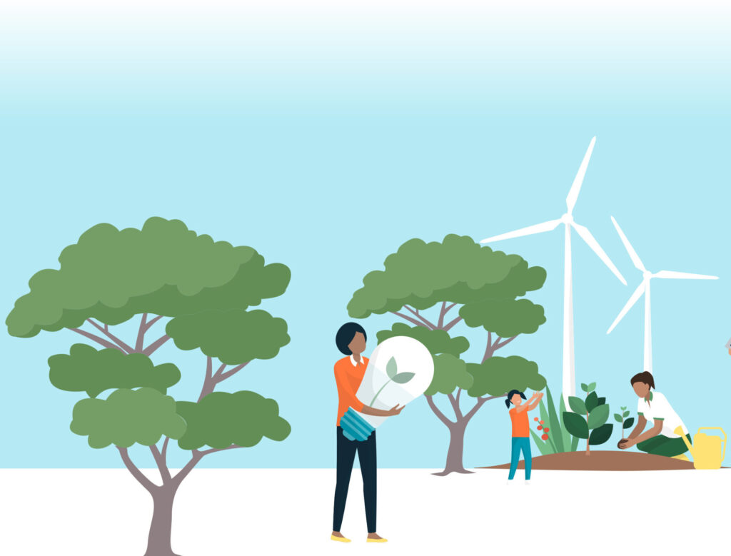 Graphic drawing of people painting trees and holding a lightbulb