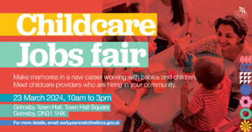 Image of children playing in a nursery setting with text advertising the Childcare Jobs Fair