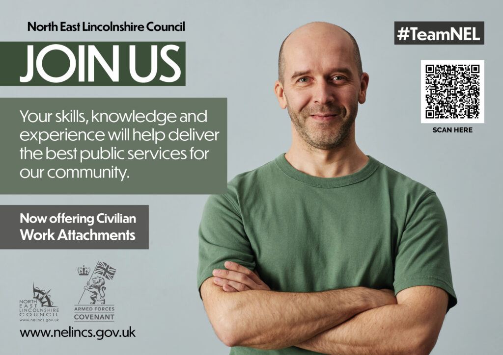 A man in a green T-shirt next to text inviting Veterans to apply for an internship with North East Lincolnshire Council.