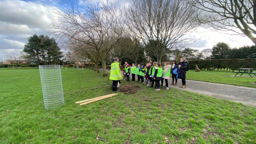 Volunteers and school children planting trees in Haverstoe Park, Cleethorpes
