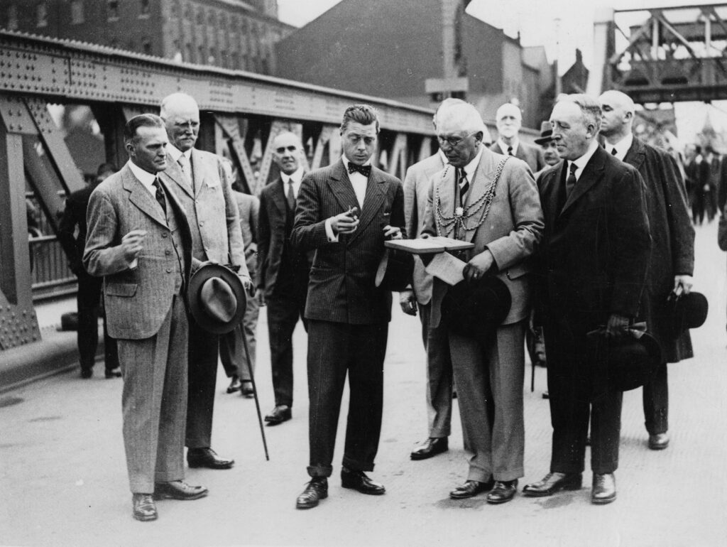 Historic photograph of Edward VIII and other dignitaries at the opening of Corporation Bridge