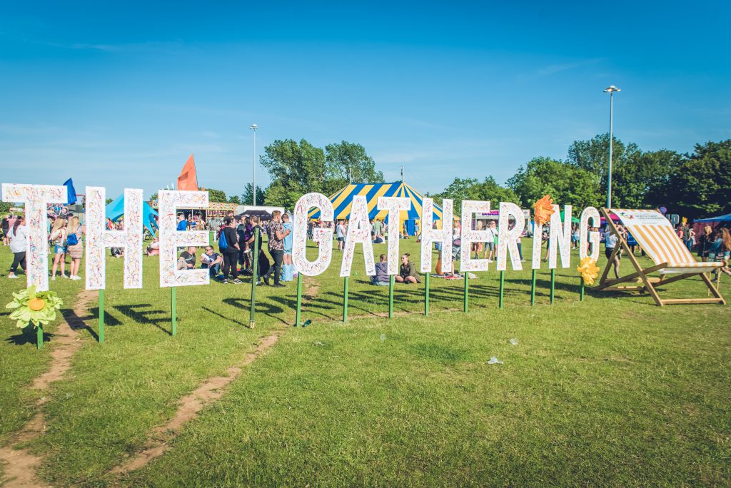 'The Gathering' large letters at the annual music festival in Cleethorpes.