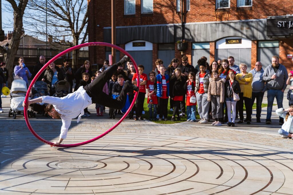 Performer in St. James Square in Grimsby, at the Grimsby Creates Noise festival.