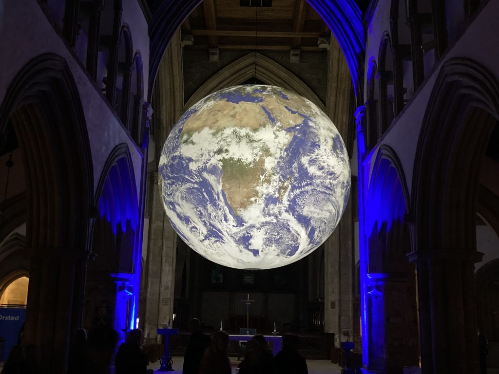 Gaia, the Earth installation by artist Luke Jerram at Grimsby Minster