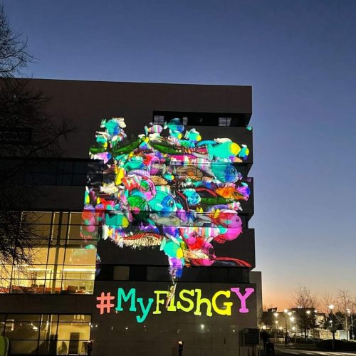 #MyFishGY and resident designed fish projected onto Grimsby Institute, the finale of the #MyFishGY project.