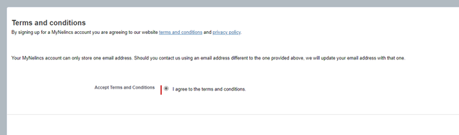 MyNelincs account terms and conditions page