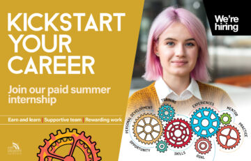 Image of a girl working at a laptop. Text over the image is promoting the summer internship scheme at the Council.