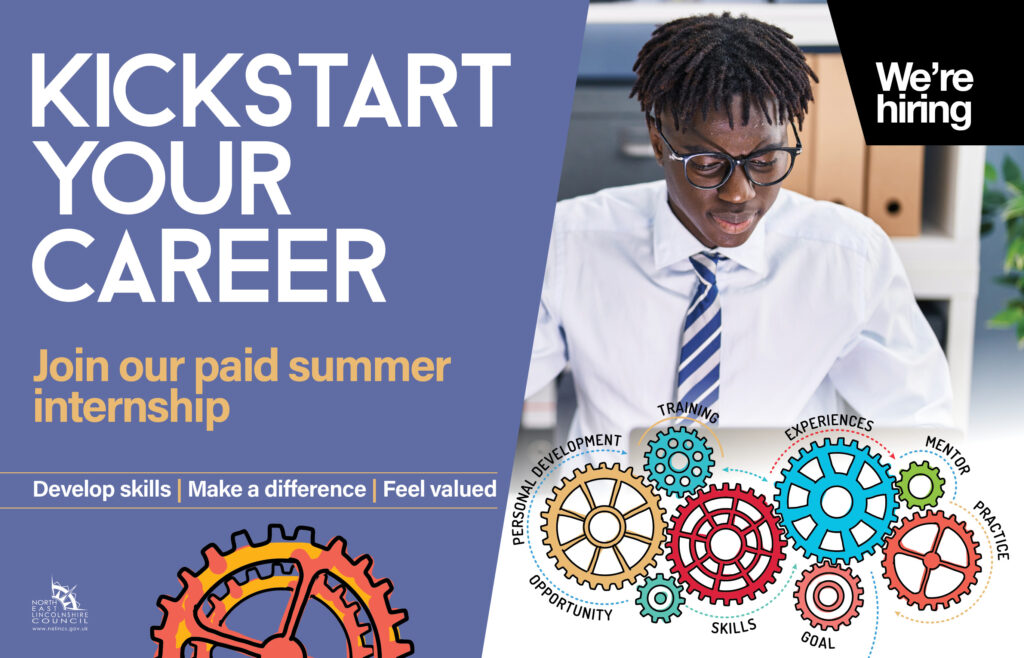Image of a teenage boy working at a laptop. Text over the image is promoting the summer internship scheme at the Council.