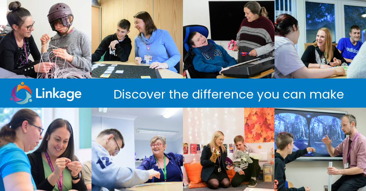 A collage of people in being supported by a carer with the Linkage logo and quote 'Discover the difference you make'.